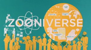 Zooniverse logo with people working on citizen science projects