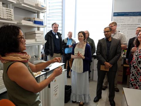 A scientist in a green tank top explains what's happening in her lab to 7 seminary faculty and a DoSER staff member. Background is a lab with a big window at the back.