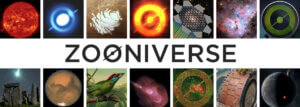 7 images in squares, most of them from space. The text "Zooniverse". 7 squares with images, mostly from space, one including a green bird standing on a tree.